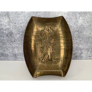 Decorative Brass Tray/Plate Made in Taiwan Woman Wearing Dress Vintage